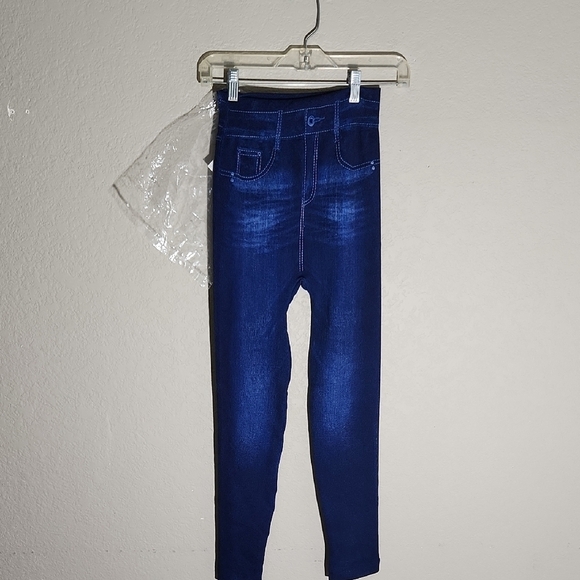 unbranded Pants - Womens Leggings Large Stretchy Blue Denim-Look Faux Pockets White Stitching